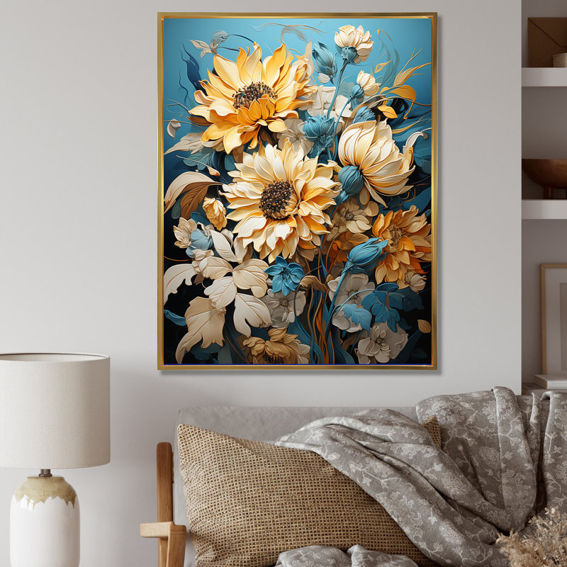 «Azure Fields Sunflowers IV» sur toile, Cadre flottant doré, H 32 po x l 16 po x P 1 po
