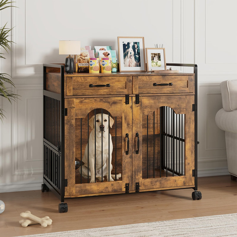 Meuble de cage pour chien, chenil en bois 39 po pour l'intérieur avec 2 tiroirs de rangement et bols réglables