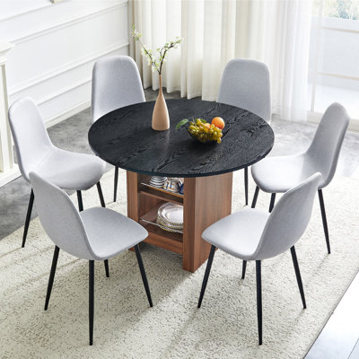 Ensemble de salle à manger 42 po 42 po avec base de rangement à 2 niveaux, table de cuisine 7 pièces deux tons et 6 chaises, table en bois manufacturé grain de bois noir et noyer avec 6 chaises en lin gris clair