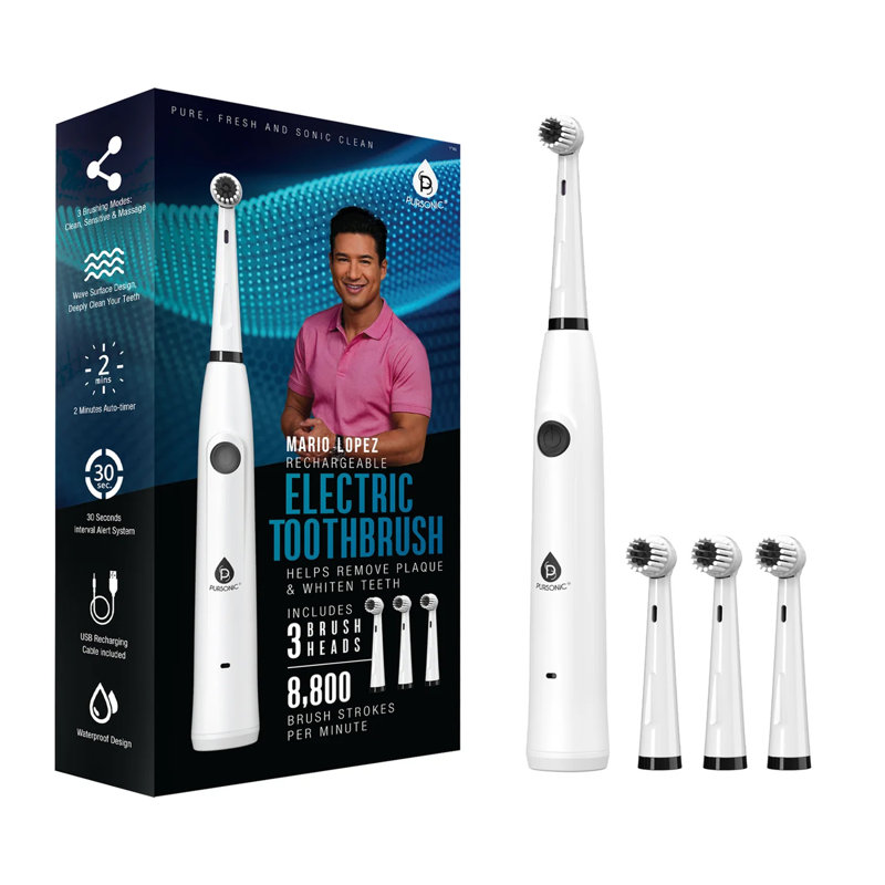  Brosse à dents électrique rechargeable avec 3 brosses blanches Mario Lopez