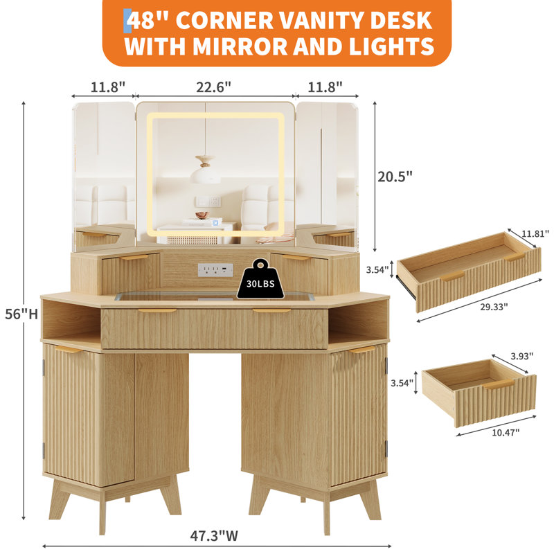 48 Inch Fluted Makeup Vanity Desk with Mirror and Lights, Modern Corner Makeup Vanity with Glass Top, Charging Outlet & 3-Panel Lighted Mirror, Dressing Table for Bedroom