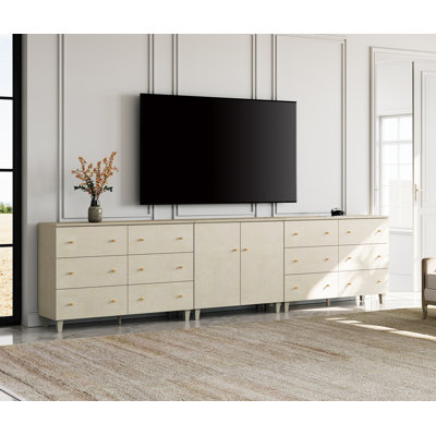 Meuble télé 3 en 1 avec 2 portes et 12 tiroirs pour téléviseurs de 110 pouces et plus