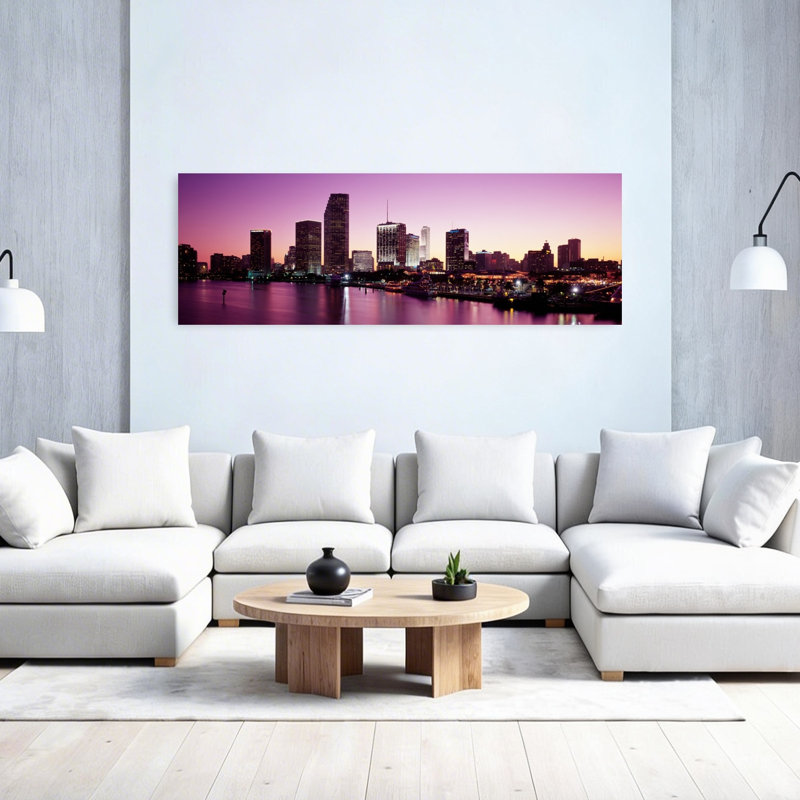 Bâtiments illuminés au crépuscule, baie de Biscayne, Miami, comté de Miami-Dade, Floride, architecture moderne abstraite, art mural