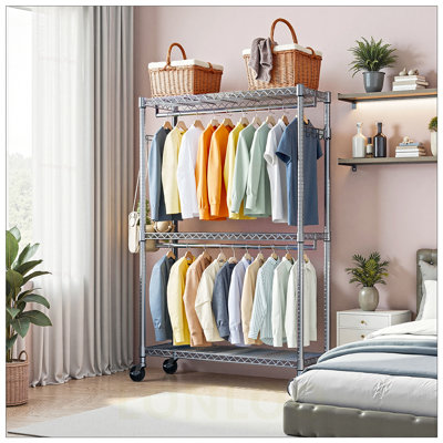 Heavy Duty Rolling Garment Rack with 3 Adjustable Shelves, 2 Rods, and Side Hooks for Versatile Storage and Mobility