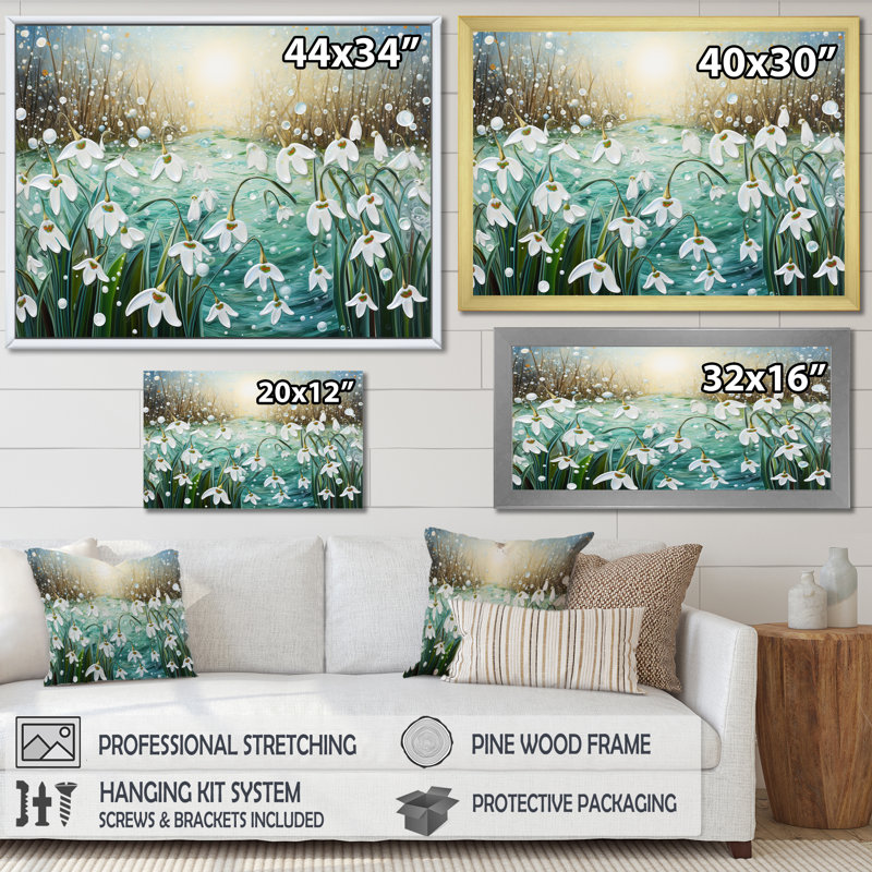 Snowdrop Flowers Field in Winter - impression, Closed Corner Frame Silver, H 24 po x l 32 po x P 1 po
