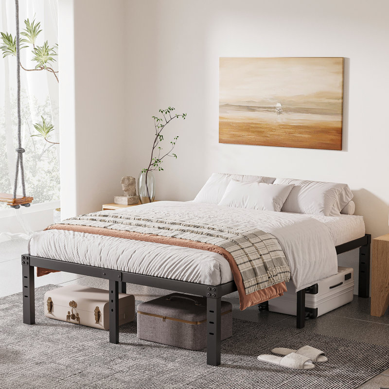 Marple 16 Inch Metal Platform Bed Frame with Wood Slat Support, Heavy Duty Mattress Foundation, Noise Free, Full / Double