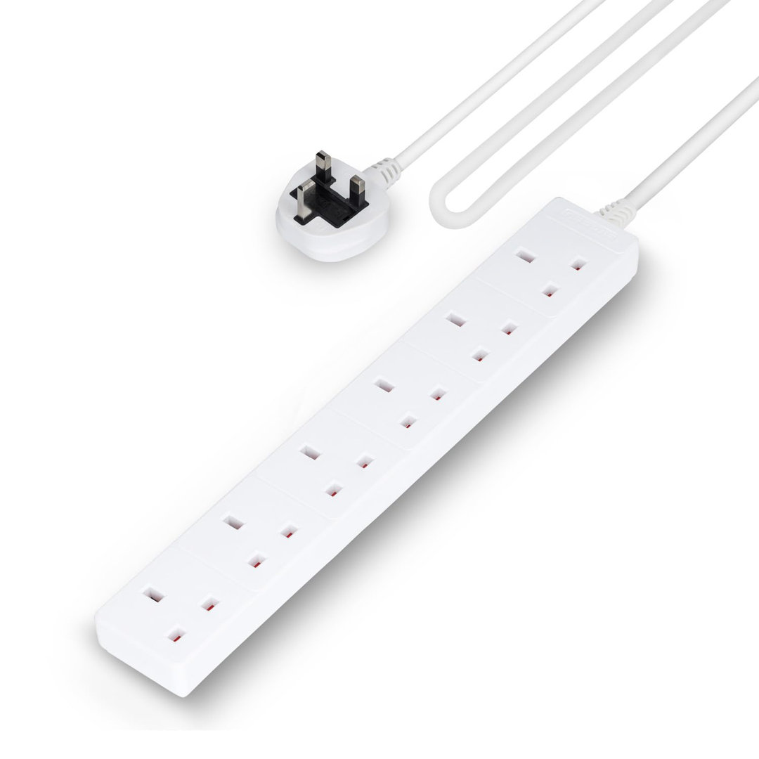 GEEPAS 6 Gang Extension Lead, 2M Cable | 6-Way Plug Extension Cable, 13A | Wall Mountable & Multi Socket Mains Strip For Home Bedroom Office | Heavy D