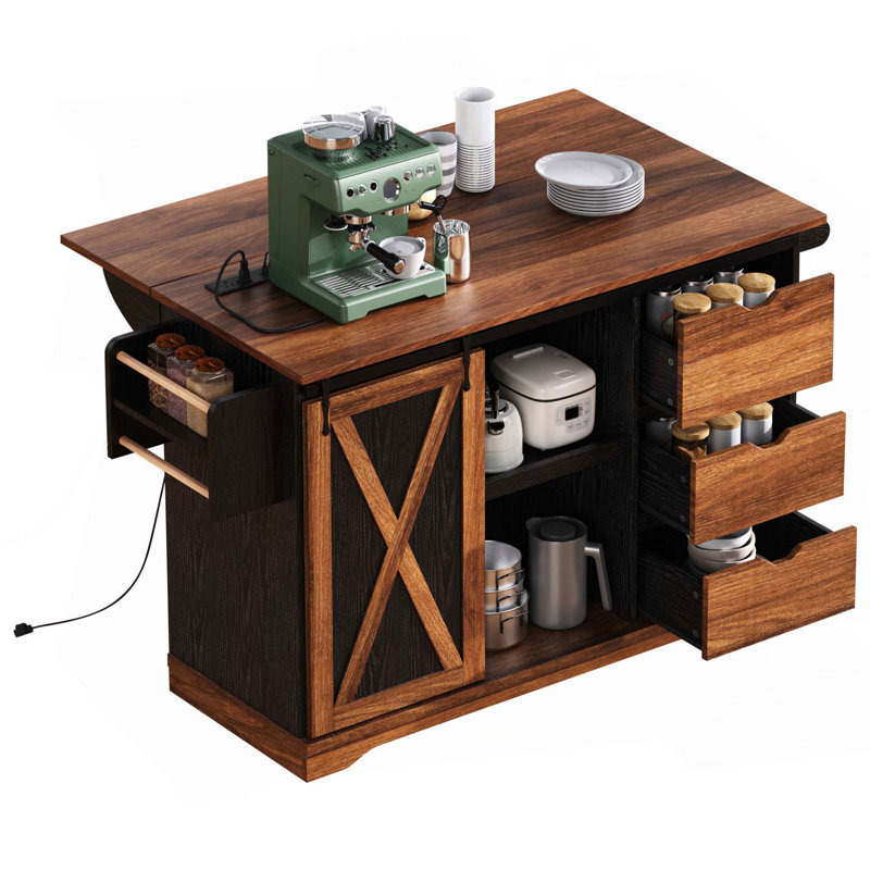 55.5" Farmhouse Kitchen Island With Drop Leaf, Power Outlet, Spice Rack & Barn Door, Black