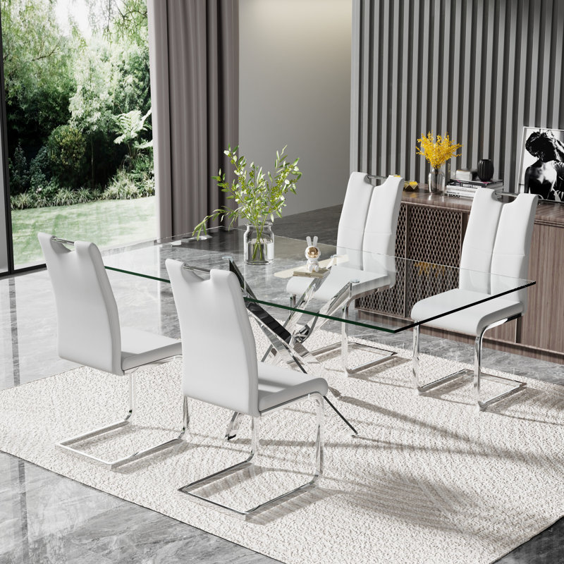 Gracieleigh Glass Top Pedestal Dining Set, Silver, 5, Gray/Silver