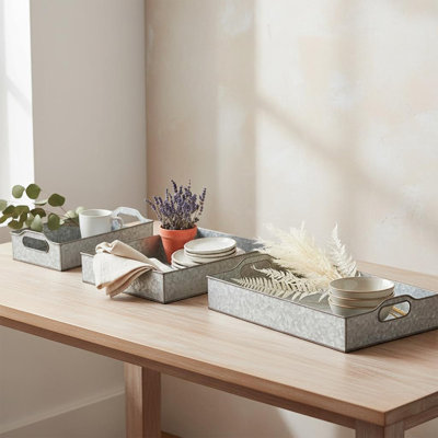 Gray Metal Decorative Trays Set with Handle, Nesting Grey Metal Trays