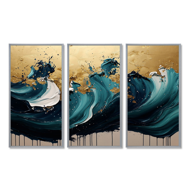 Pierre émeraude sur bruine rythmique dorée I - encre liquide, art mural - 3 pièces, H 28 po x l 36 po, Argent argent