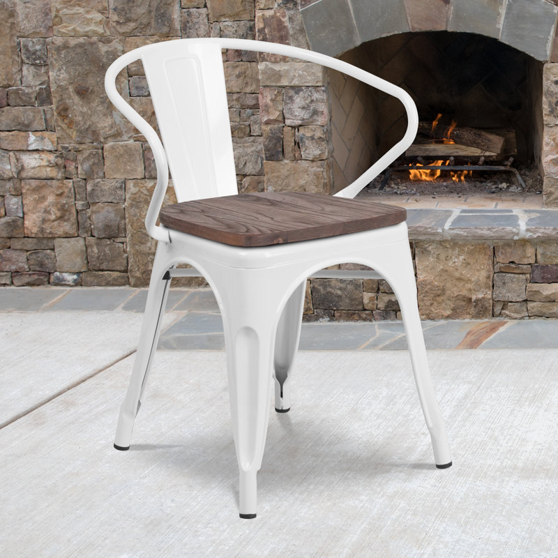 Kesterson Metal Chair with Wood Seat and Arms, White