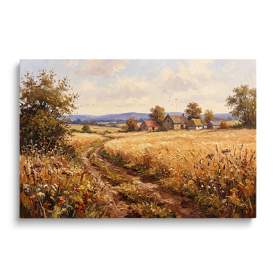Tableau multicolore sur toile représentant un paysage d'automne, une ferme et un champ de blé, idéal pour le salon, la salle à manger et la chambre.
