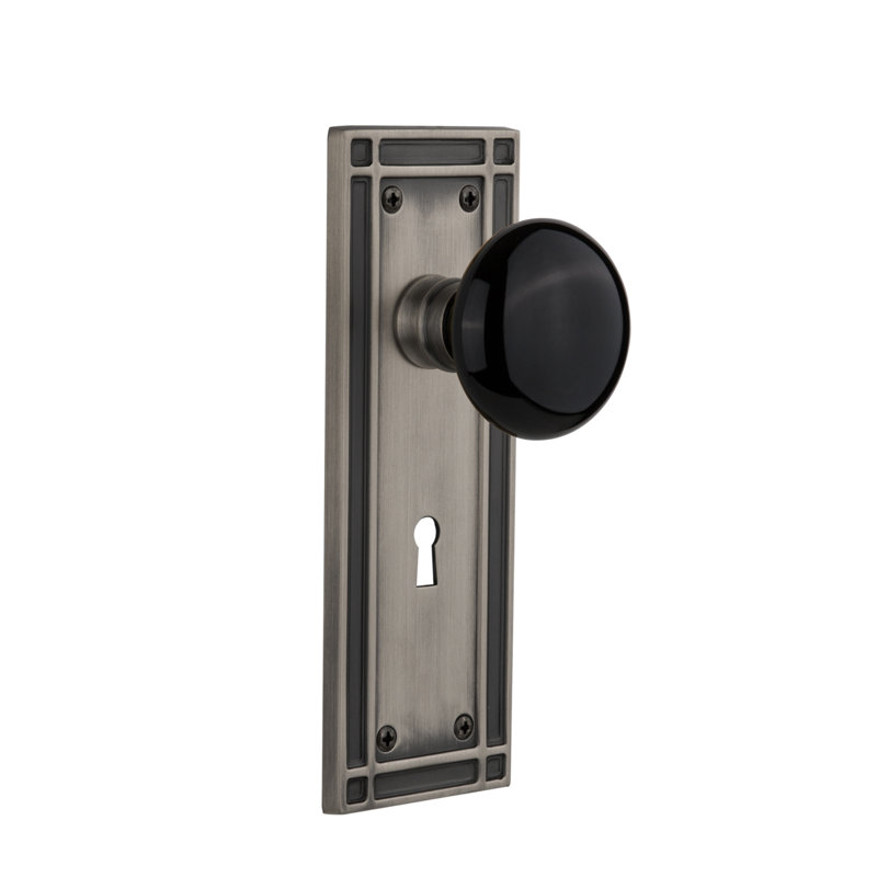 Mission Plate with Decorative Keyhole and Black Porcelain Door Knob, Antique Pewter