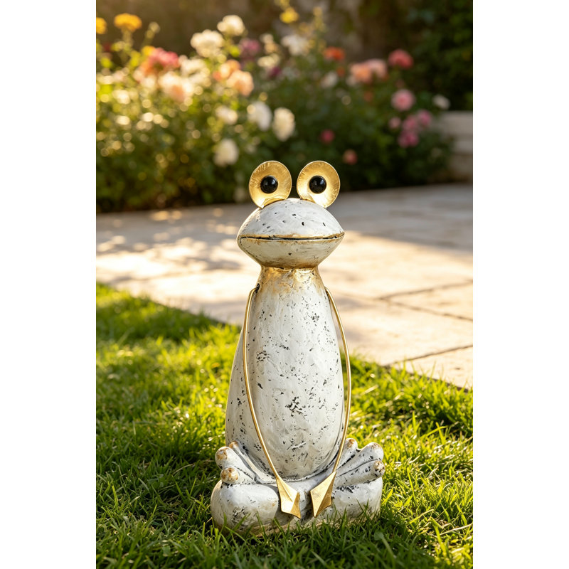 Figurine abstraite grenouille blanche en magnésium avec bras et yeux dorés, parfaite pour un décor moderne et rustique
