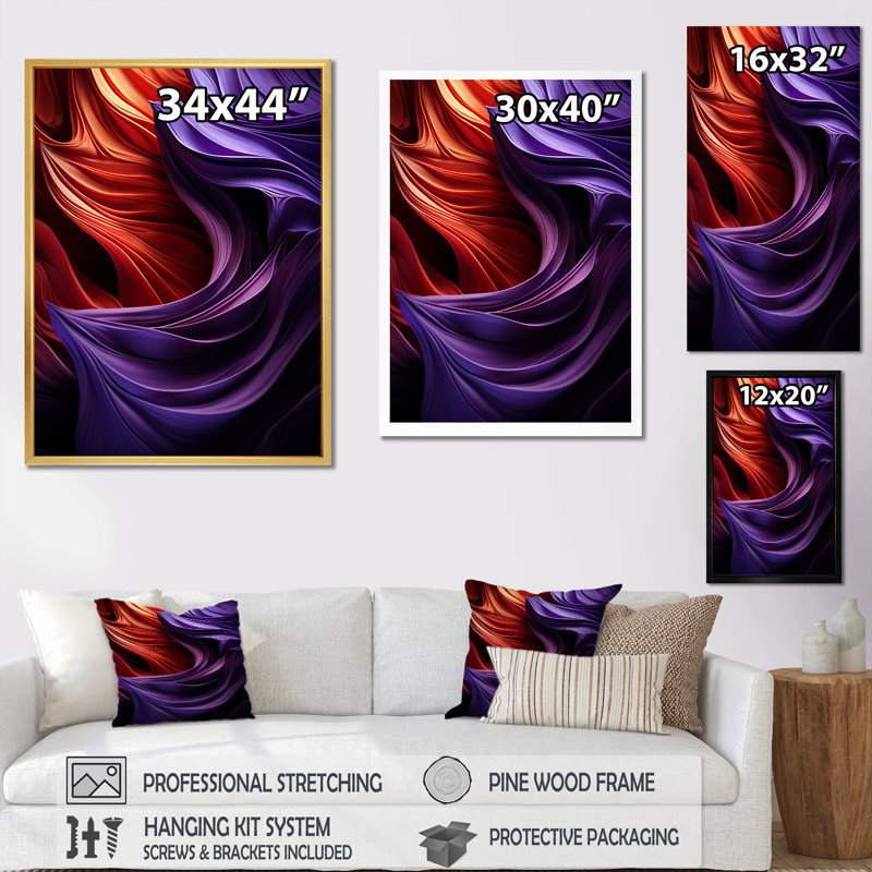 Mauve majestueux abstrait vagues I - abstrait spirales murales_106109, H 32 po x l 24 po x P 1 po, Encadrement doré