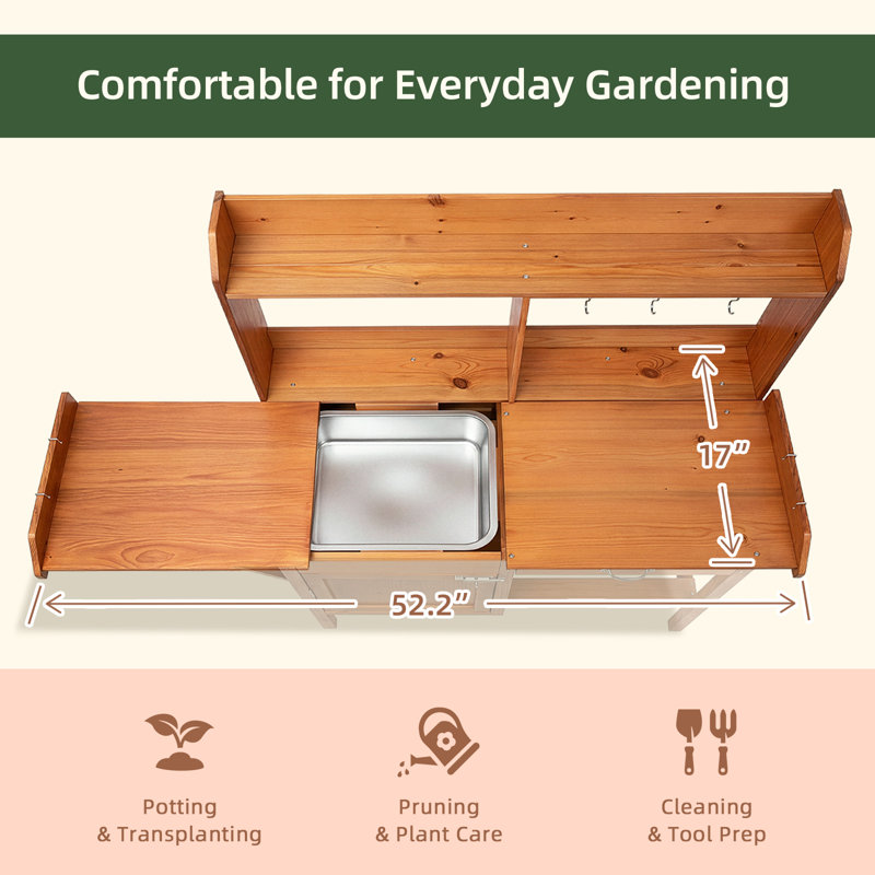 Scots Pine Outdoor Potting Bench with Removable Stainless Steel Sink, Sliding Side Tabletop, Storage Cabinet & Drawer, Garden Planting Workstation with Tool Hooks