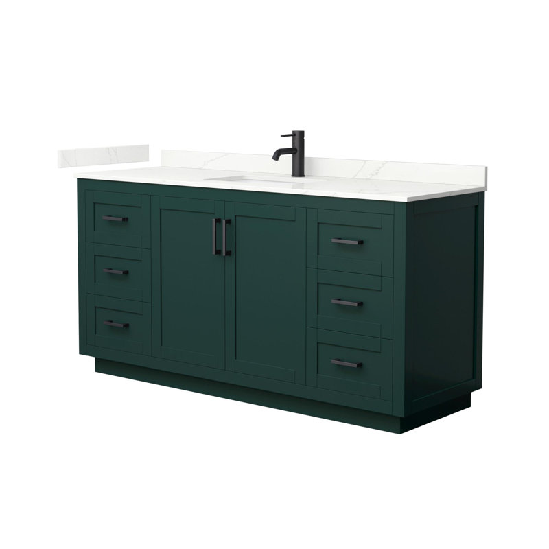 Meuble-lavabo simple autoportant de 66 po avec plateau en quartz Miranda, Quartz Giotto, Vert, Noir mat