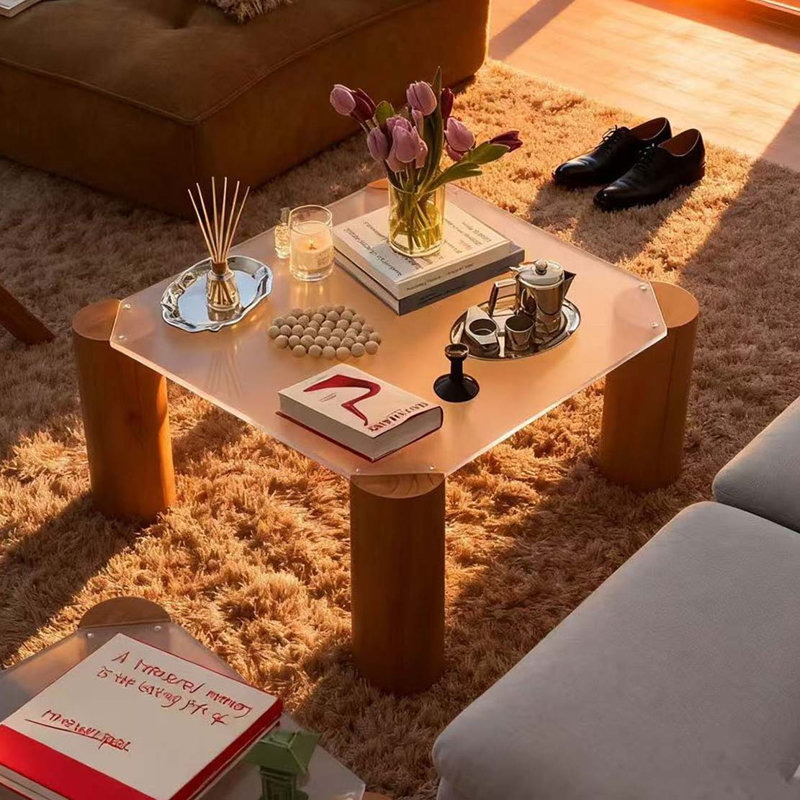 Table basse Mid-Century en bois et acrylique, H 16,1 po x L 27,6 po x l 27,6 po, Blanc