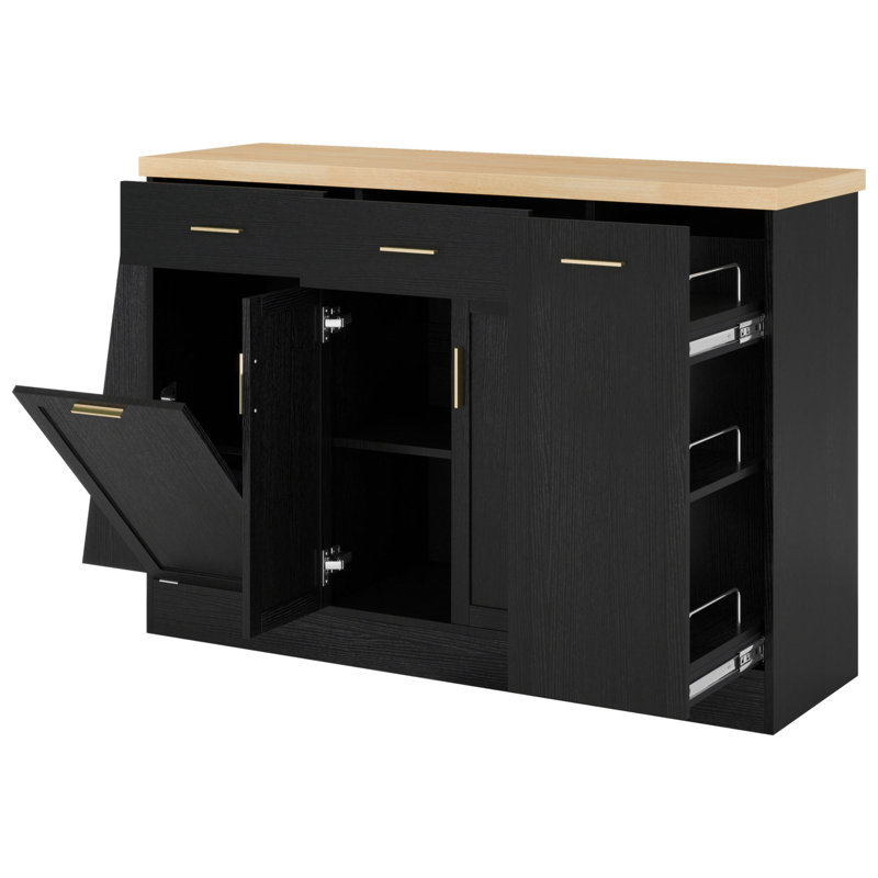 Buffet de rangement multifonctionnel, rangement pour poubelle, armoire à porte coulissante et support à épices à 3 niveaux, îlot de cuisine pour la cuisine, la salle à manger