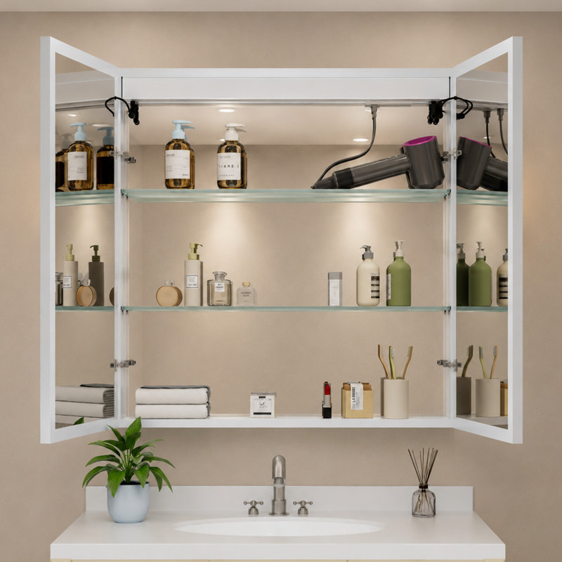 Armoire à pharmacie avec miroir à DEL de 48 po x l 32 po avec éclairage à intensité variable, désembueur, très grand espace de rangement, tablettes en verre réglables, montage encastré ou en surface, homologué ETL