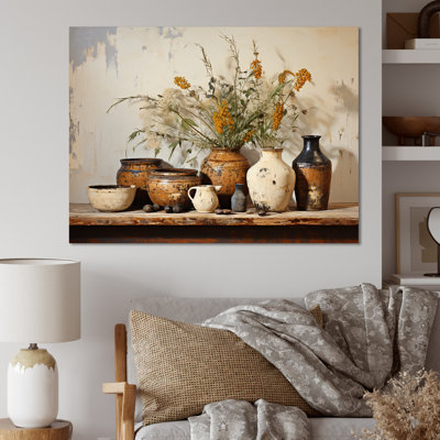 Brown Floral Vintage Pottery Artifacts - Boho Pottery Wall Art Decor