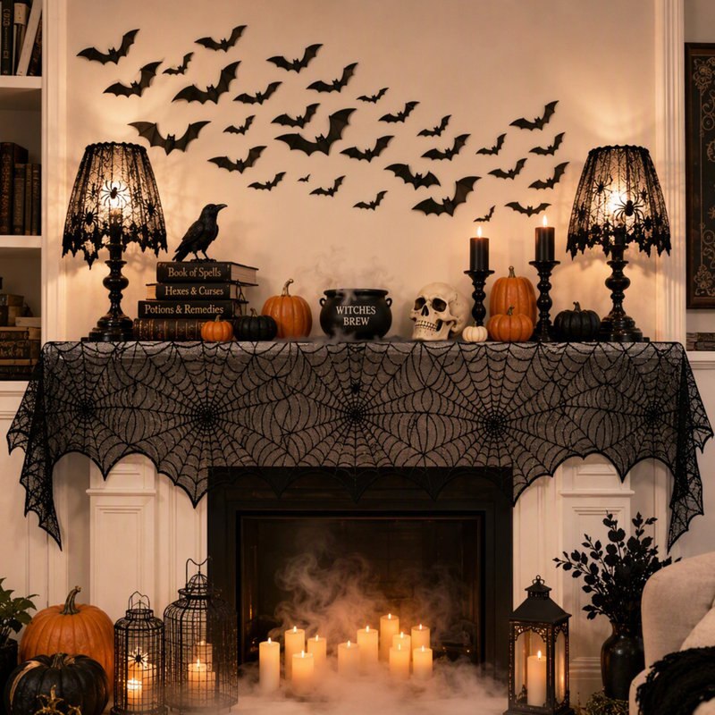 Ensemble de décoration de table d'Halloween en 5 pièces : toile d'araignée, chemin de table en dentelle noire, écharpe de foyer, nappe ronde, abat-jour et 60 chauves-souris 3D pour la décoration des fêtes et d'intérieur.