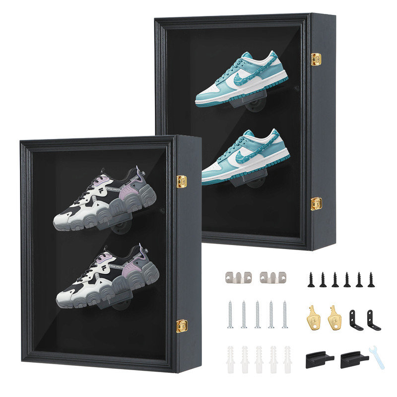 Vitrine à chaussures murale avec cadre en bois verrouillable et fenêtre en acrylique protégée contre les rayons UV (paquet de 1)