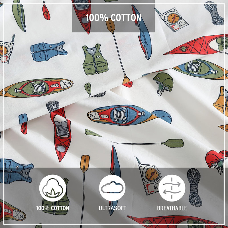 Shasta Lake Cotton Percale Standard Sheet Set, King Sheet Set with 2 Pillowcases, Kayak Adventure