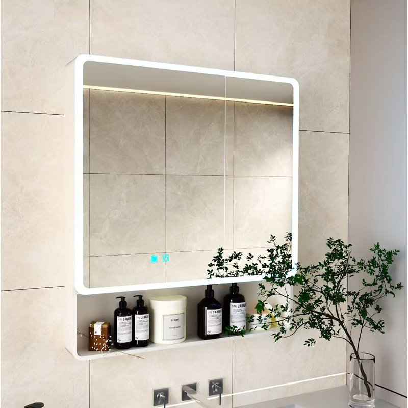 Armoire à pharmacie DEL pour salle de bain avec lumière blanche unicolore, anti-buée, armoire en plastique-aluminium facile à installer. (31,5 x 35,43 à deux portes)