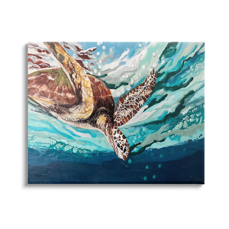 «Splashing Sea Turtle Diving Under Ocean Surface» par Stacy Gresell - Peinture, Toile tendue, H 16 po x l 20 po x P 1,5 po