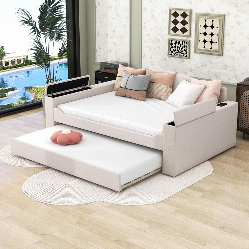 Lit de jour rembourré en bois avec accoudoirs de rangement, couchette et système audio Bluetooth intégré Ornie, Double, Beige