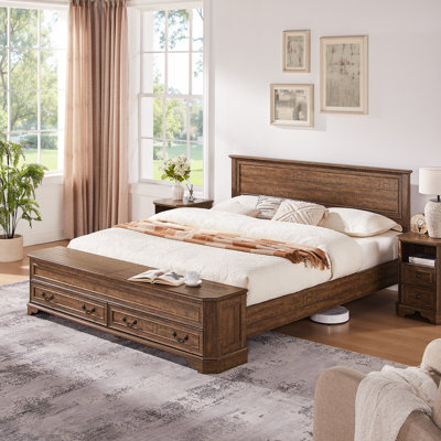 Farmhouse King Size Bed Frame with Footboard Storage Bench & 2 Safe Lift-Top Compartments