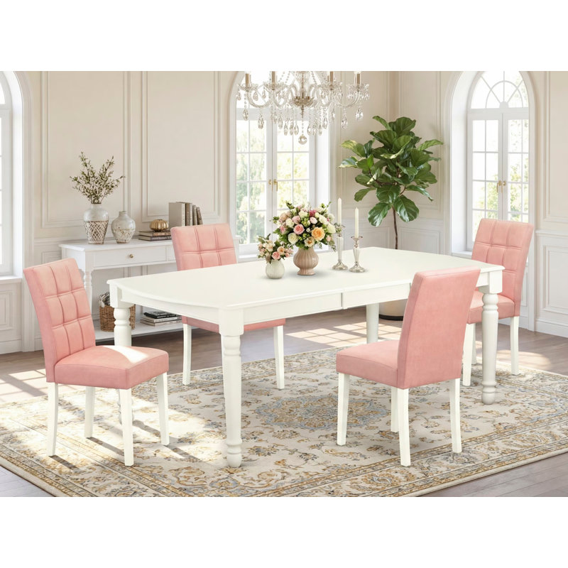 L'ensemble de table de salle à manger 5 pièces comprend une table de cuisine et 4 chaises de salle à manger en tissu de polyester rouge beige avec dossier élégant - finition lin blanc
