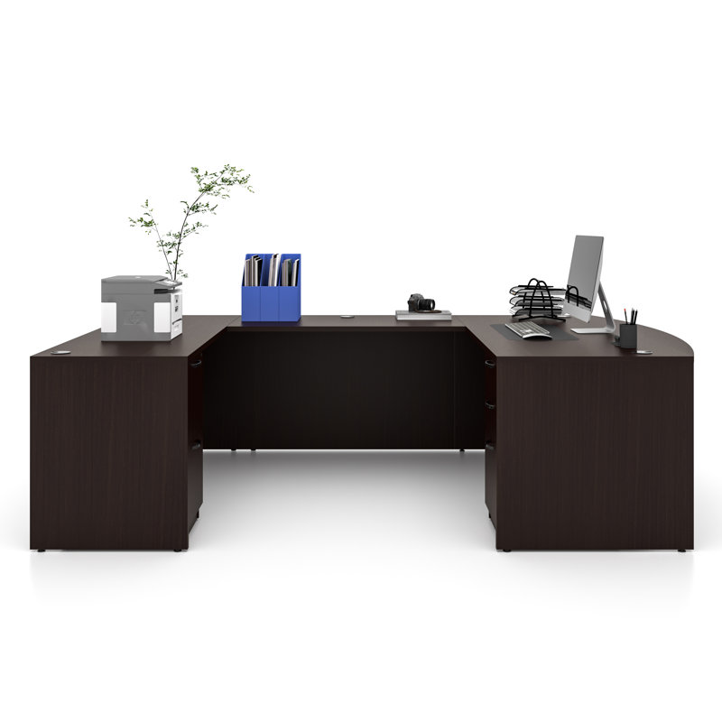 U-Shaped Executive Desk With File Cabinets, Brown