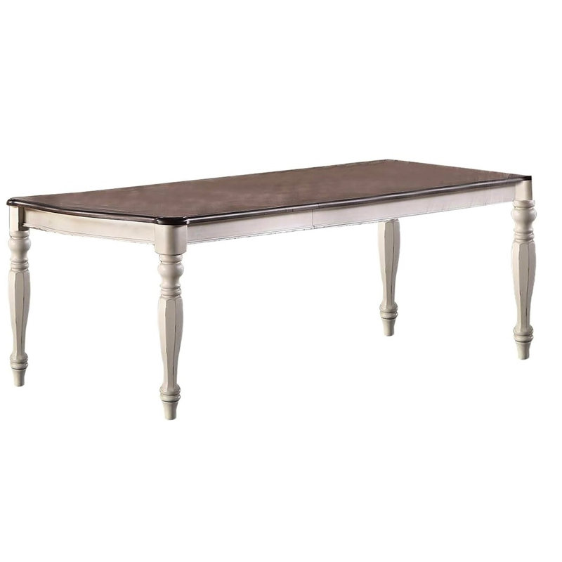 Table rectangulaire en bois massif avec 2 feuilles, finition blanc antique, 2