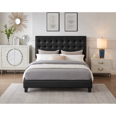 Lit plateforme tapissier contemporain avec tête de lit réglable, lit en similicuir, noir, très grand lit