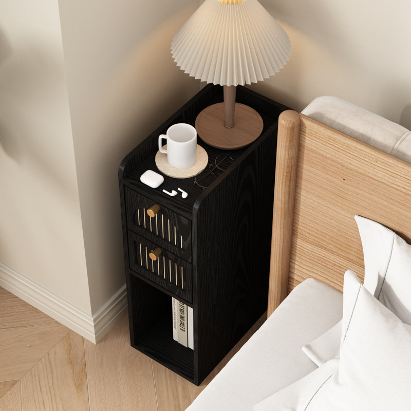 Narrow End Table (Set of 2), Slim Side Table with 2 Fluted Drawers & Storage Nightstand Arched Design, Black