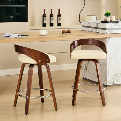 Of 2 Bar Stools - Mid-Century Modern Look, 25" Seat, Beige, Walnut Finish Wood, Comfortable And Stylish 360-Degree Rotation