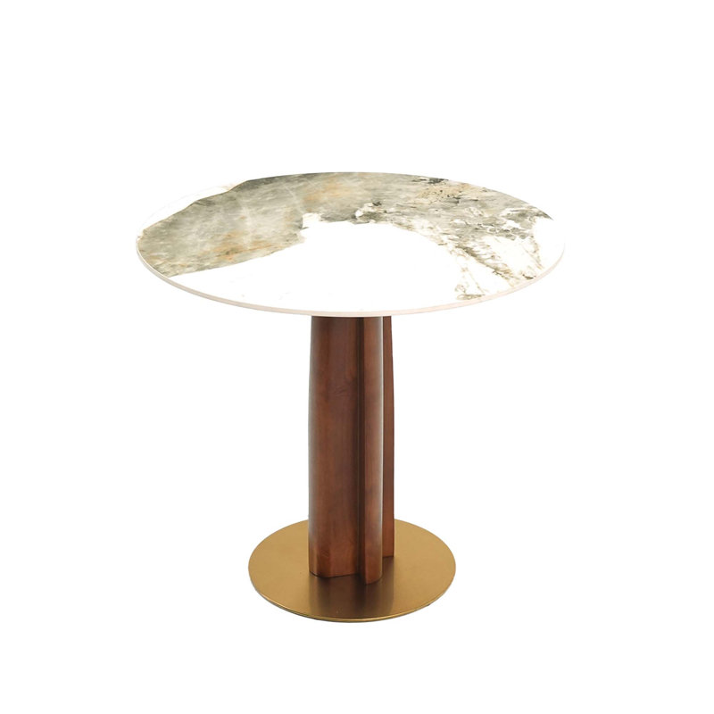 33.5" Contemporary 2 - Person Dining Table with Windmill Shape Wooden Pedestal Leg & Gold Base for Small Space, Pandora White