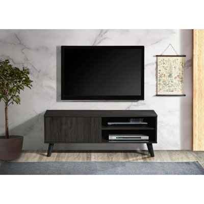 Meuble télé contemporain en imitation bois avec rangement à deux niveaux et armoire