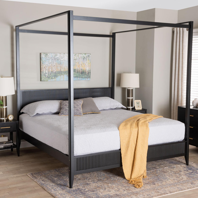 Wooley Mid-Century Fluted Wood King Size Canopy Bed, Black