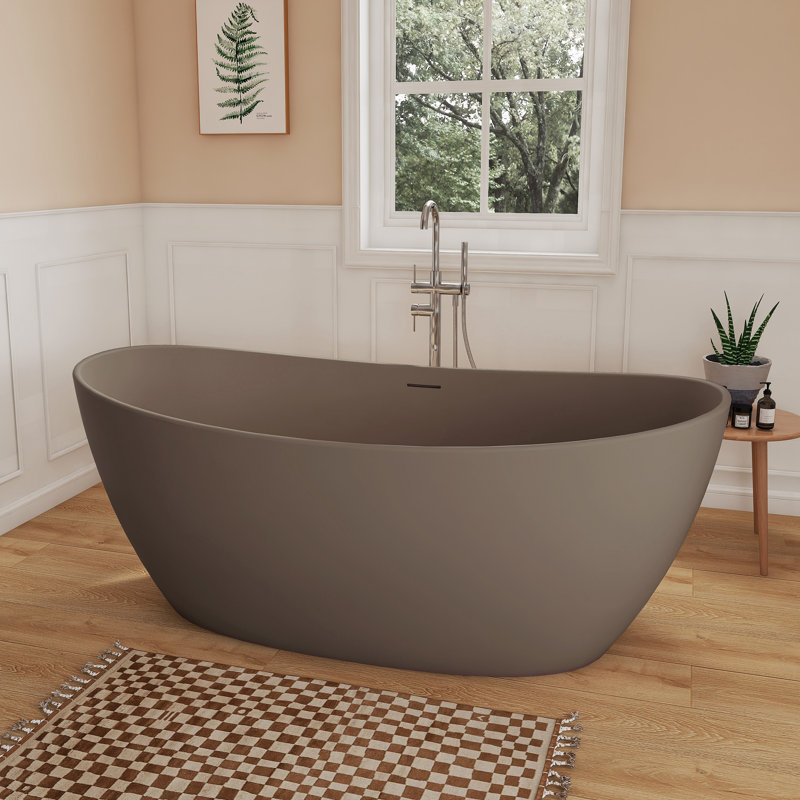 Fslefay 65'' Freestanding Bathtub Solid Surface Deep Soaking Tubs, Taupe