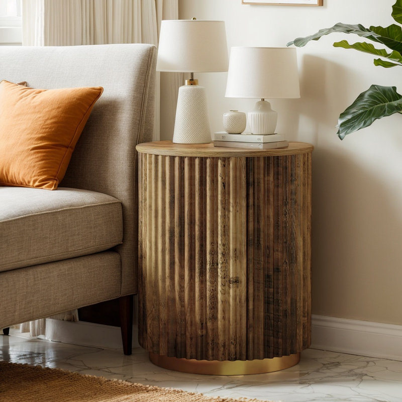 Petite table de bout ronde cannelée en bois, table de chevet d'appoint moderne pour le salon et la chambre à coucher