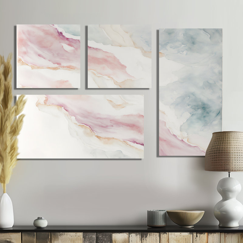 Mystery of the Waves in Elevated Blush II - Art mural abstrait à encre liquide 4 pièces, Toile tendue, Ne s’applique pas