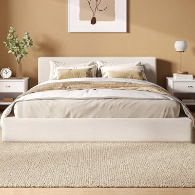 Très grand lit plateforme tapissier avec tête et pied de lit en lin épais, lit moderne beige d'une capacité de 800 lb et support central, aucun sommier nécessaire