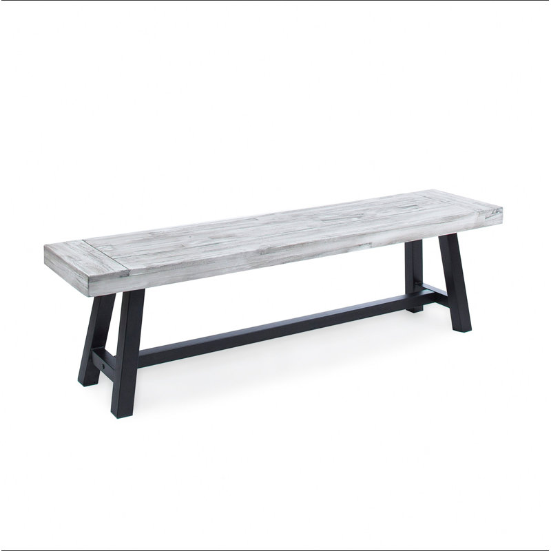 Banc de salle à manger gris clair en bois d'acacia à finition sablée avec cadre en métal noir rustique