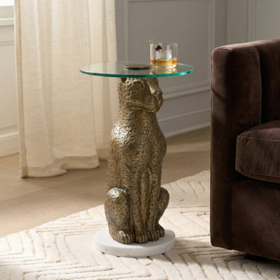 Table basse Muldrow Bronze Cheetah en verre et marbre faits à la main