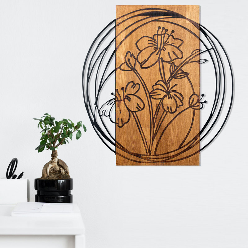 Elegant Decorative Wooden Wall Accessory, Black & Walnut Finish, 21.7 x 22.6 inches | 100% Metal Frame (Thickness: 0.05 inches) & 100% Wooden Backing (Thickness: 1.2 inches) | Perfect for Home Decor & Stylish Interiors