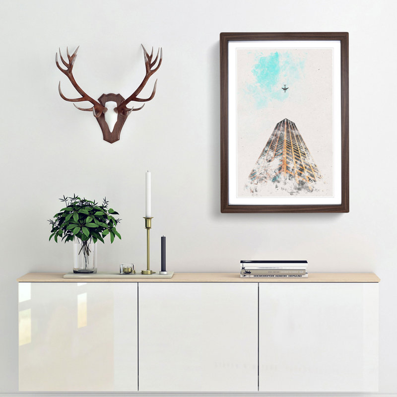 Airplane Flying Above Tokyo Watercolour - Picture Frame Graphic Art, 87cm H x 62cm W x 2cm D, Walnut Framed
